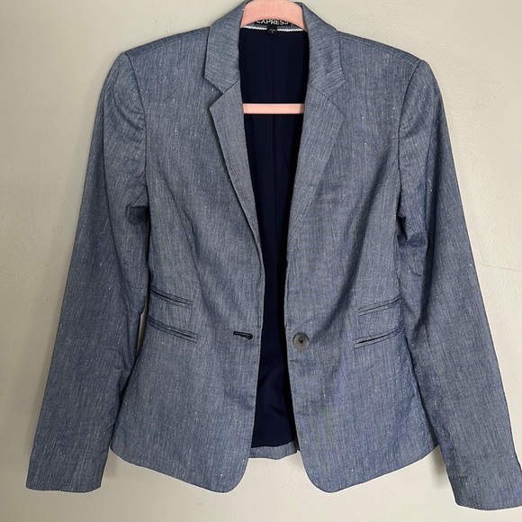 Express Notch Collar One Button Blazer - Blue Linen Blend - 0 - Picture 11 of 13